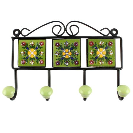 Ceramic Floral Tile Hook in Pea Green